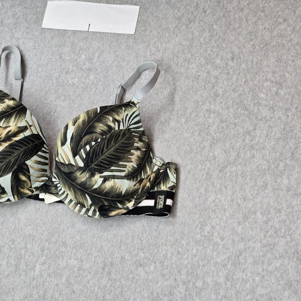 PINK Victoria's Secret Women Bra 34D Green Leaf Floral Push Up Underwire READ